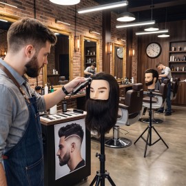 Erkek Kuaför Eğitim Mankeni - %100 Gerçek Saç + Masa Aparatı - Doğal Renk