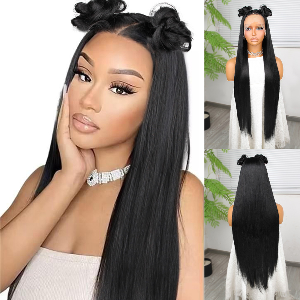 Ekstra Uzun Siyah Fiber Sentetik Düz Tül Peruk