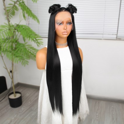 Ekstra Uzun Siyah Fiber Sentetik Düz Tül Peruk