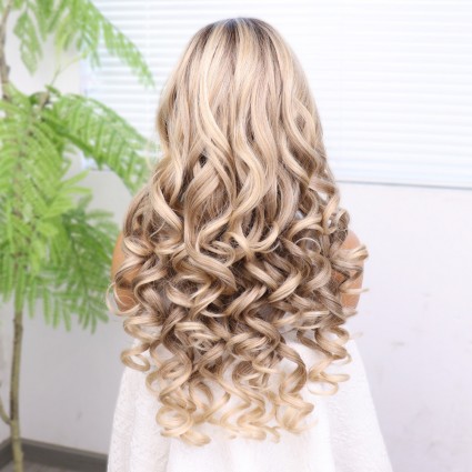 Kumral Platin Ombre Bebek Saçlı Fiber Sentetik Yoğun Dalgalı Tül Peruk