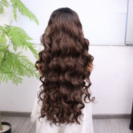 Koyu Kestane Açık Kumral Ombreli Balköpüğü Işıltılı Fiber Sentetik Tül Peruk