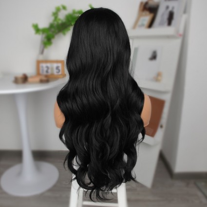 Siyah Fiber Sentetik Geniş Dalgalı Tül Peruk