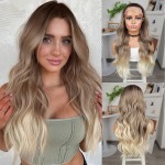 Bebek Kumralı Platin Ombre  ve Röfleli Fiber Sentetik Geniş Dalgalı Tül Peruk