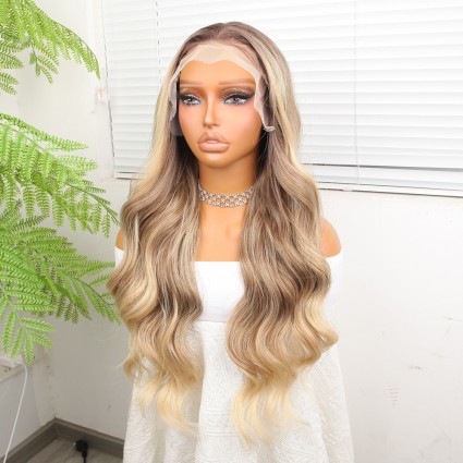 Kumral Dore Sarı Ombre  ve Röfleli Fiber Sentetik Geniş Dalgalı Tül Peruk