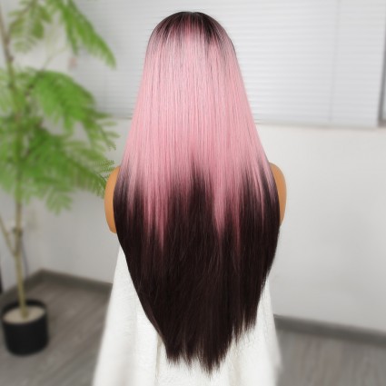 Koyu Kestane Pembe Ombreli Fiber Sentetik Tül Peruk