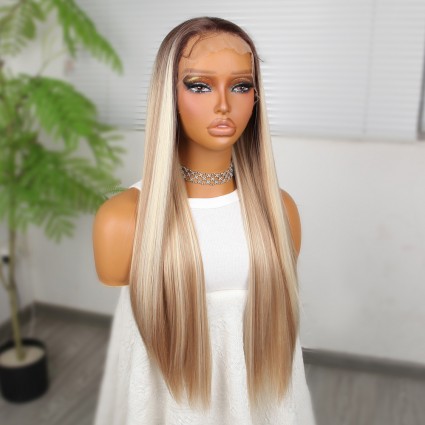 Kumral Beyaz Platin Ombreli ve Röfleli Fiber Sentetik Tül Peruk