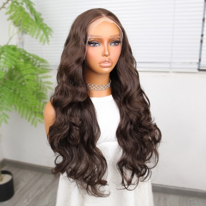 Gür Yoğun Su Dalgalı Koyu Kumral Fiber Sentetik Uzun Tül Peruk