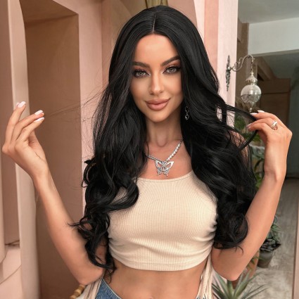 Uzun Siyah Su Dalgalı Tül Peruk