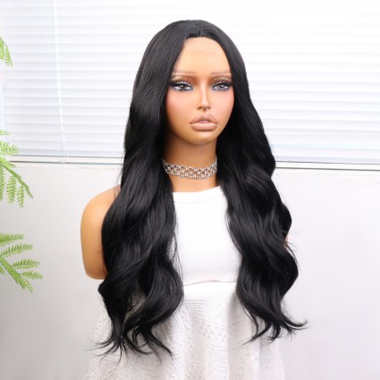 Uzun Siyah Su Dalgalı Fiber Sentetik Tül Peruk