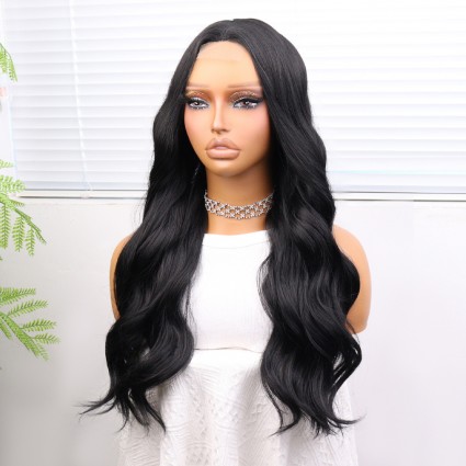 Uzun Siyah Su Dalgalı Fiber Sentetik Tül Peruk