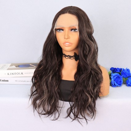 Koyu Kumral Platin Işıltılı Hafif Dalgalı Tül Peruk