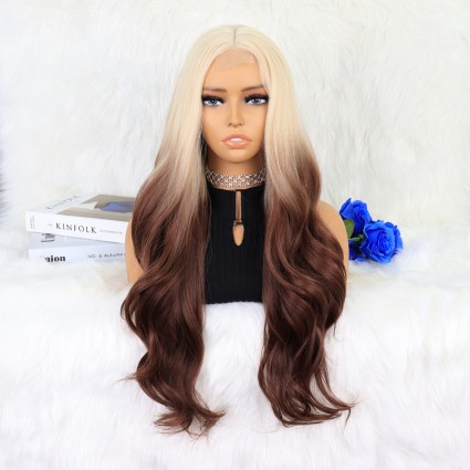 Platin Çikolata Kahve Ombreli Uzun Dalgalı Tül Peruk