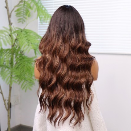 Kahverengi Karamel Işıltılı ve Ombreli Tül Peruk