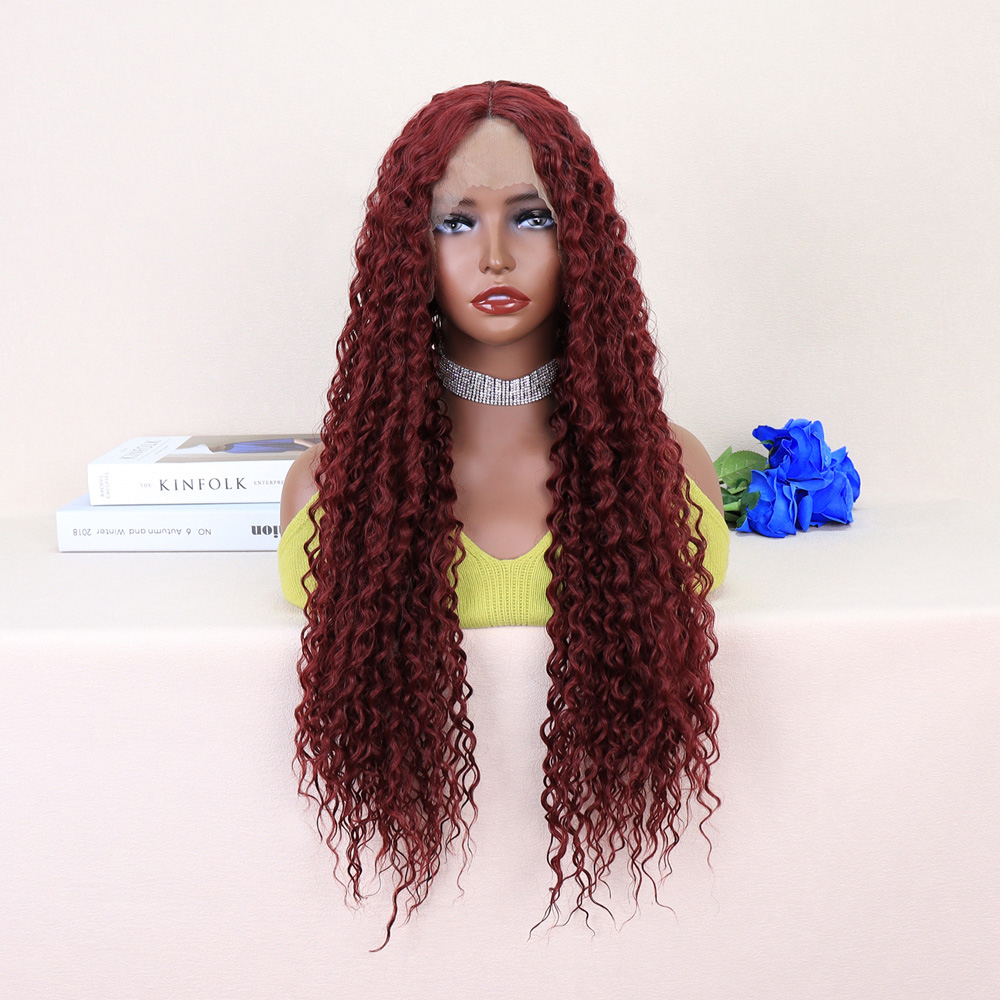 Kızıl Kahve Uzun Kıvırcık Dalgalı Fiber Sentetik Tül Peruk