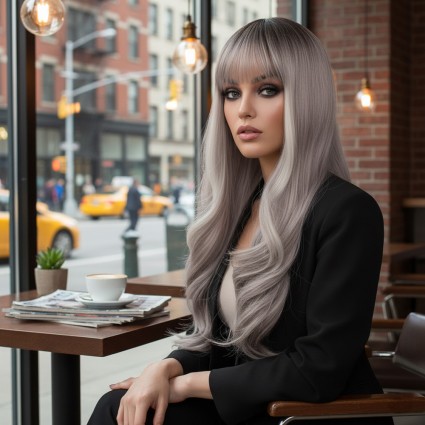 Doğal Dalgalı Perçemli Fiber Sentetik Uzun Boy Peruk - Koyu Kumral / Açık Rus Kumralı Ombre ve Röfleli