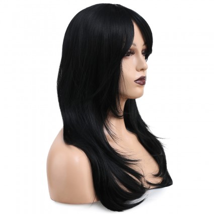 Katlı Kesim Perçemli Düz Fiber Sentetik Orta Boy Peruk - Siyah