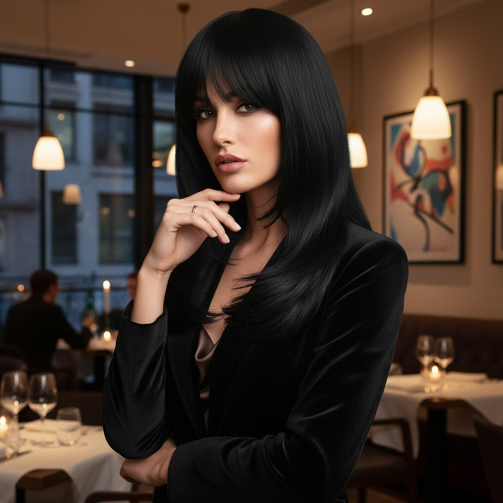 Katlı Kesim Perçemli Düz Fiber Sentetik Orta Boy Peruk - Siyah