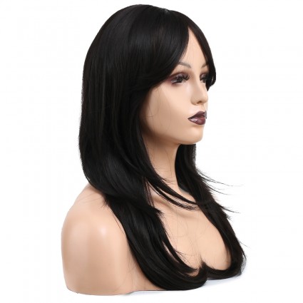 Katlı Kesim Perçemli Düz Fiber Sentetik Orta Boy Peruk - Koyu Kestane