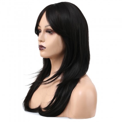 Katlı Kesim Perçemli Düz Fiber Sentetik Orta Boy Peruk - Koyu Kestane