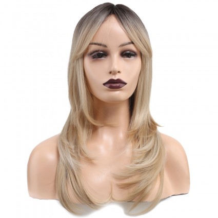 Katlı Kesim Perçemli Düz Fiber Sentetik Orta Boy Peruk - Kahve / Platin Ombre ve Röfleli