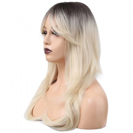 Katlı Kesim Perçemli Düz Fiber Sentetik Orta Boy Peruk - Kahve / Platin Ombreli