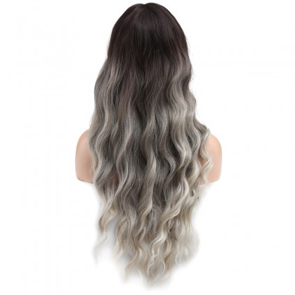Perçemli Uzun Su Dalgası Fiber Sentetik Peruk- Ombre ve Röfleli