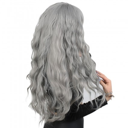 Perçemli Uzun Su Dalgası Fiber Sentetik Peruk - Açık Gri