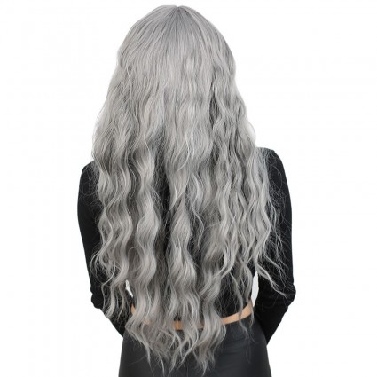 Perçemli Uzun Su Dalgası Fiber Sentetik Peruk - Açık Gri