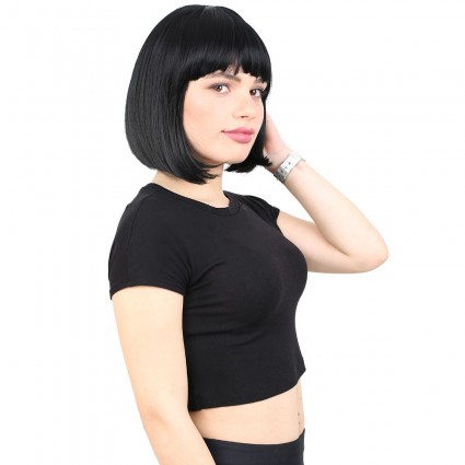 Kısa Küt Perçemli Fiber Sentetik Peruk - Siyah