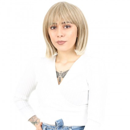 Küt Kahküllü Fiber Sentetik Peruk - Karamel / Platin Röfleli