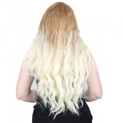 Su Dalgası Uzun Perçemsiz Fiber Sentetik Peruk - Balköpüğü / Platin Orta Ombreli