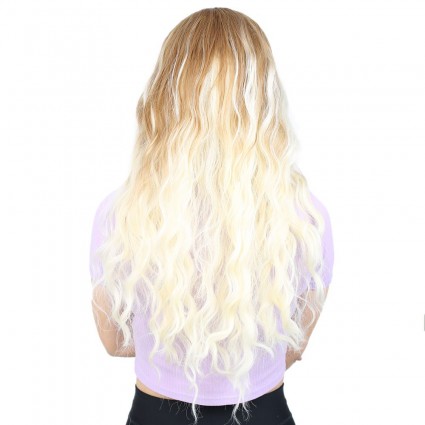 Su Dalgası Uzun Perçemsiz Fiber Sentetik Peruk - Balköpüğü / Platin Ombreli