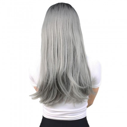 Fiber Sentetik Uzun Düz Peruk - Siyah / Gri Ombreli