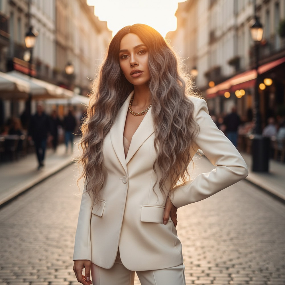 Fiber Sentetik Uzun Su Dalgası Peruk - Siyah / Küllü Platin Ombreli