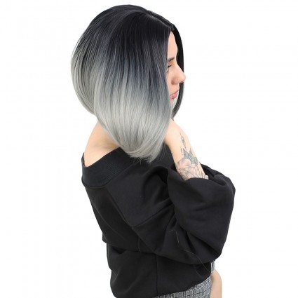 Kahkülsüz Düz Kısa Fiber Sentetik Peruk - Siyah / Gri Ombreli