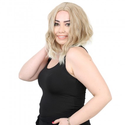 Fiber Sentetik Kısa Dalgalı Perçemsiz Peruk - Karamel / Platin Röfleli