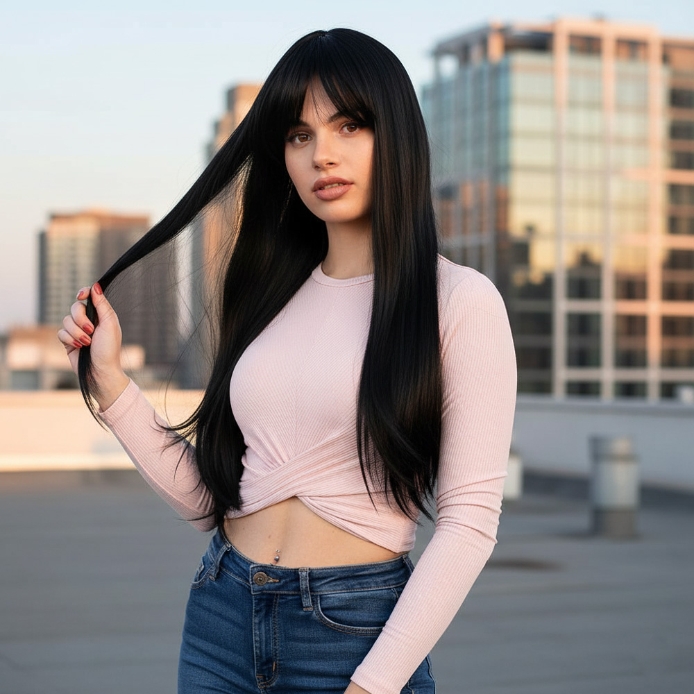 Fiber Sentetik Uzun Düz Kahküllü  Peruk - Siyah