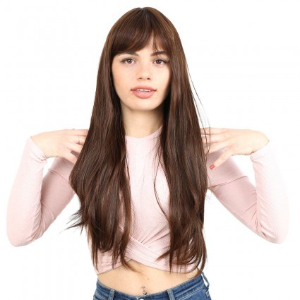 Fiber Sentetik Uzun Düz Kahküllü Peruk - Kahve  Karamel