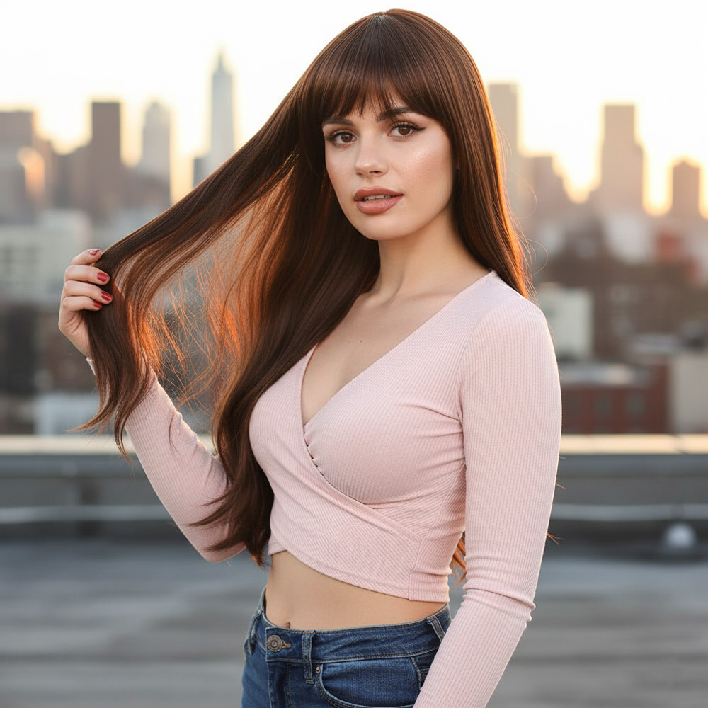 Fiber Sentetik Uzun Düz Kahküllü Peruk - Kahve  Karamel