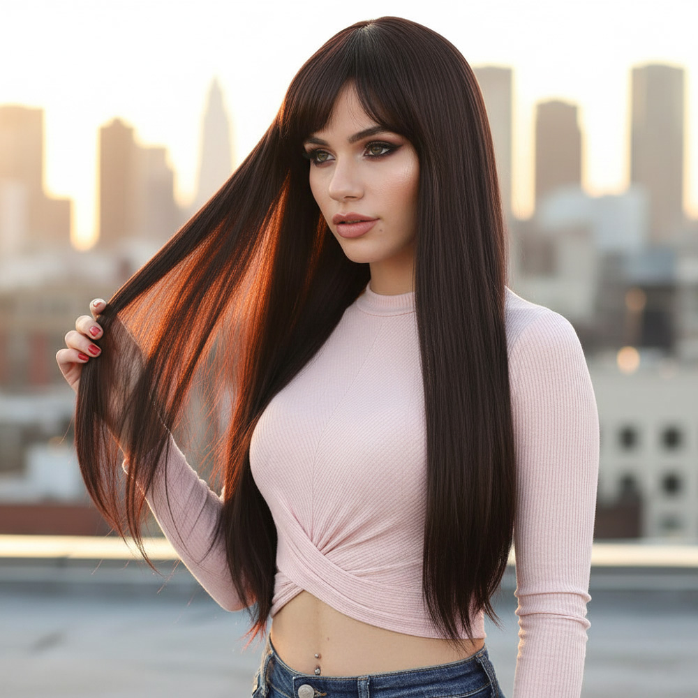 Fiber Sentetik Uzun Düz Kahküllü Peruk - Koyu Kahve