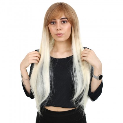 Fiber Sentetik Uzun Düz Kahküllü Peruk - Balköpüğü / Platin Ombreli