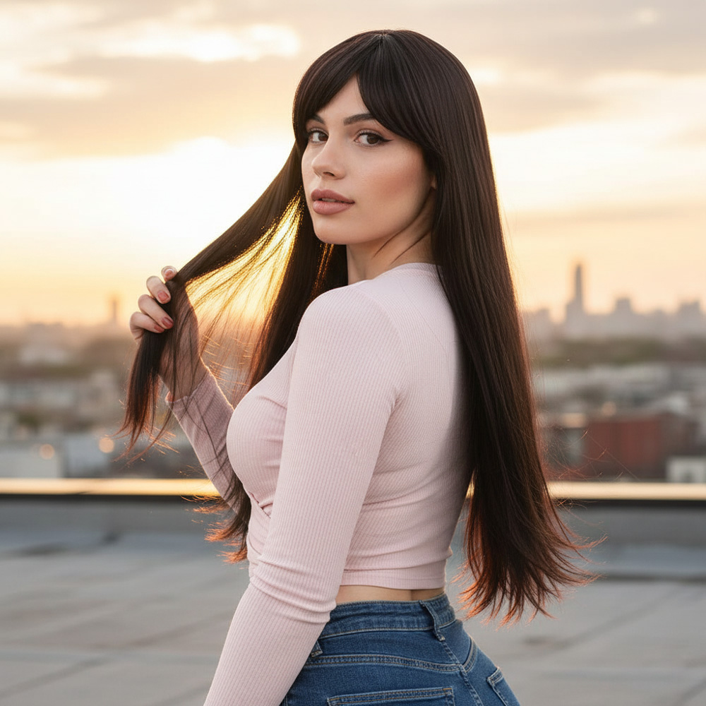 Fiber Sentetik Uzun Düz Kahküllü Peruk - Kahverengi