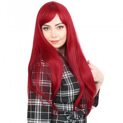 Fiber Sentetik Uzun Düz Kahküllü Peruk - Kızıl