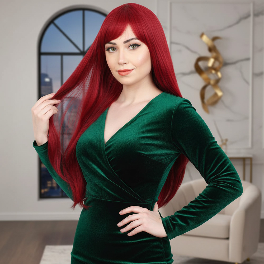 Fiber Sentetik Uzun Düz Kahküllü Peruk - Kızıl