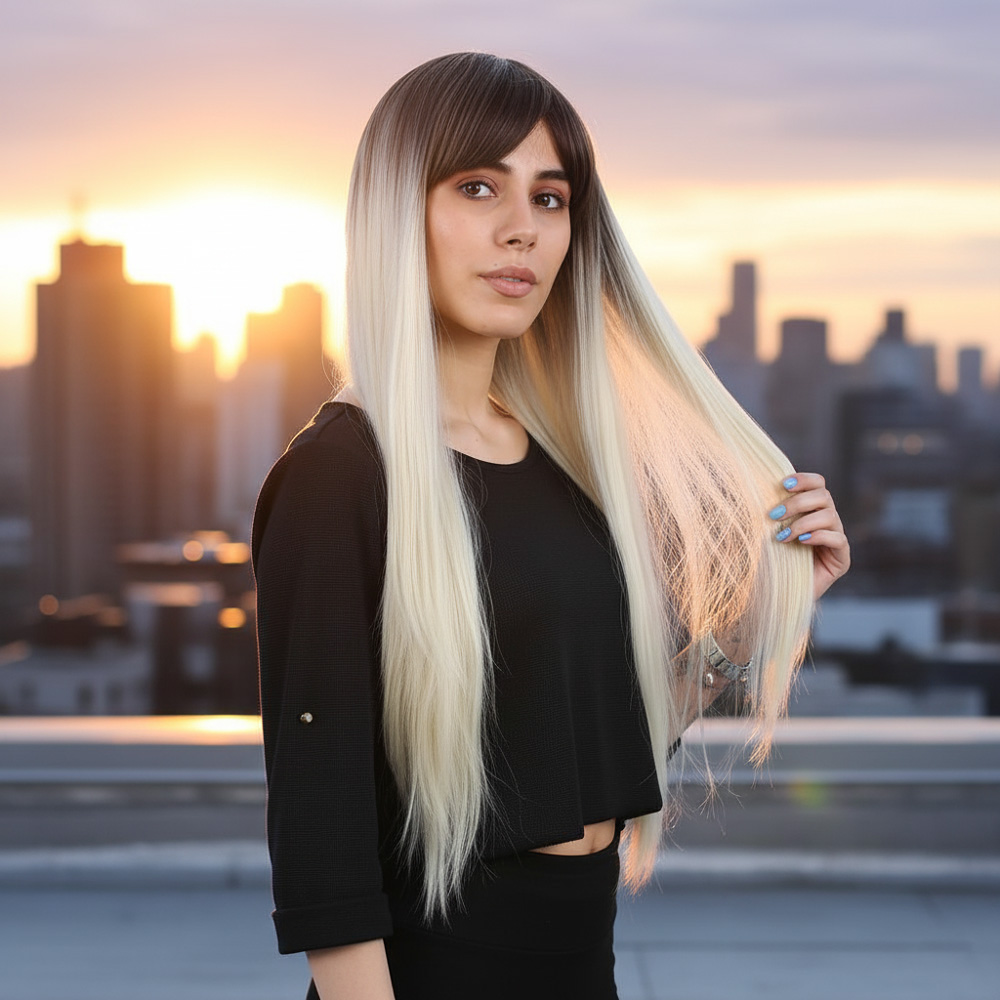 Fiber Sentetik Uzun Düz Kahküllü Peruk - Küllü Açık Kahve / Platin Ombreli