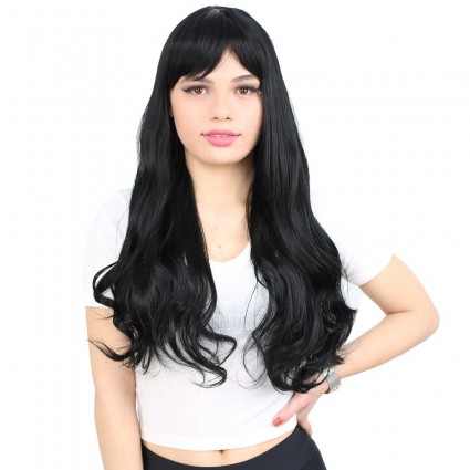 Kahküllü Uzun Dalgalı Fiber Sentetik Peruk - Siyah