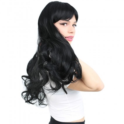 Kahküllü Uzun Dalgalı Fiber Sentetik Peruk - Siyah