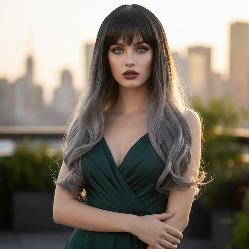 Kahküllü Uzun Dalgalı Fiber Sentetik Peruk - Siyah Gri Ombreli