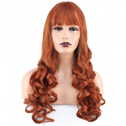 Dalgalı Perçemli Uzun Fiber Sentetik Peruk - Bakır