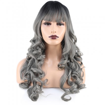 Dalgalı Perçemli Uzun Fiber Sentetik Peruk - Siyah / Gri Ombreli